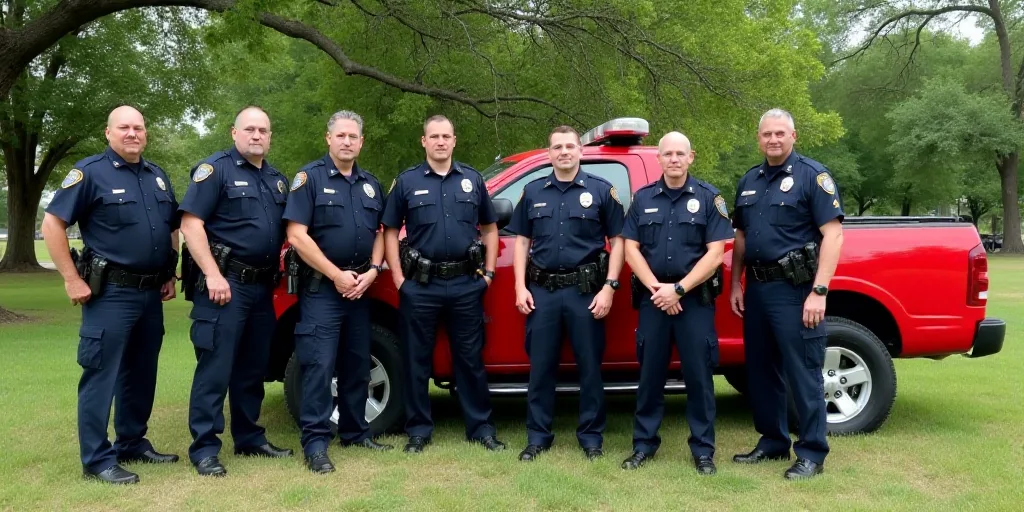 a group of police officers standing next to a red truck in a park area with trees and grass in the b