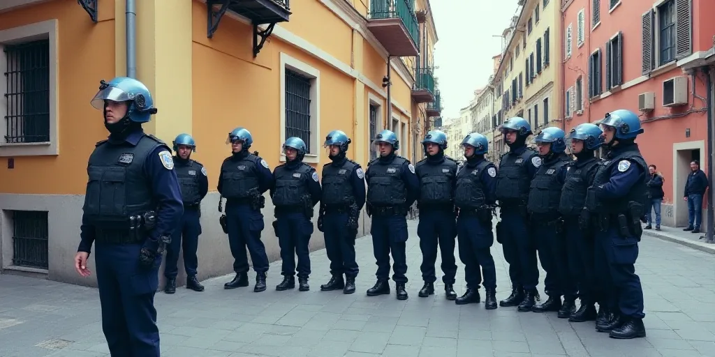 a group of police officers standing in a line on a street with a building in the background and a pe