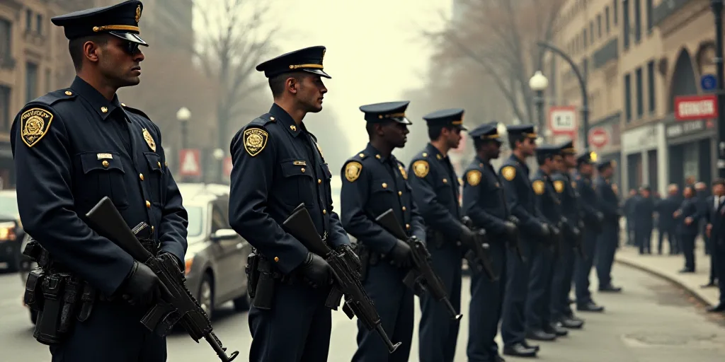 a group of police officers standing in a line on the street with guns in their hands and a sign in t