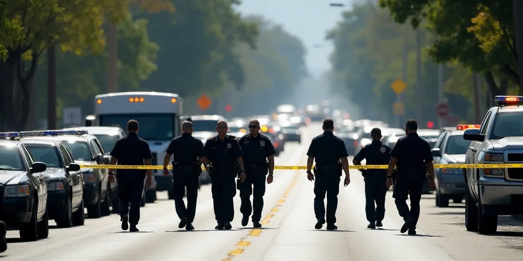 a group of police officers walking down a road next to a line of cars and trucks with police tape on