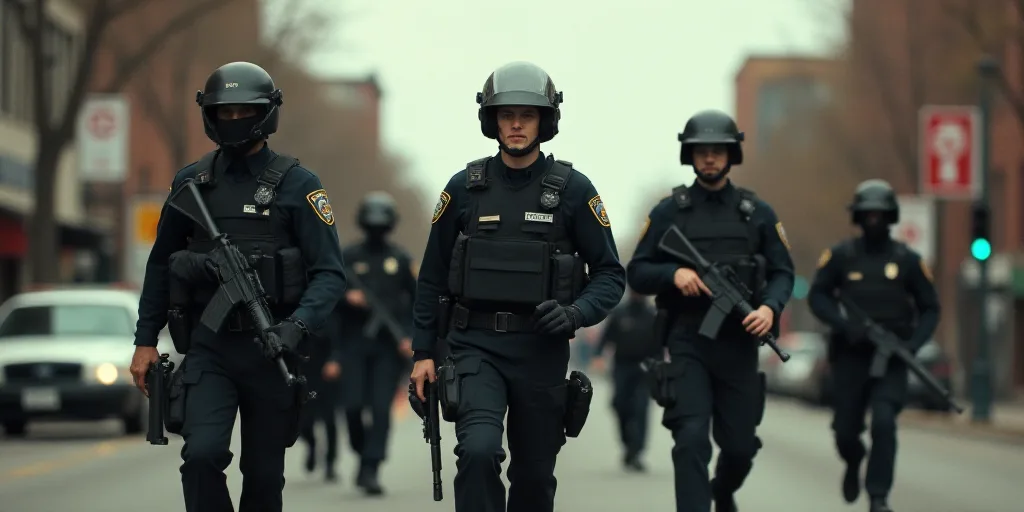 a group of police officers walking down a street with guns in their hands and helmets on their heads