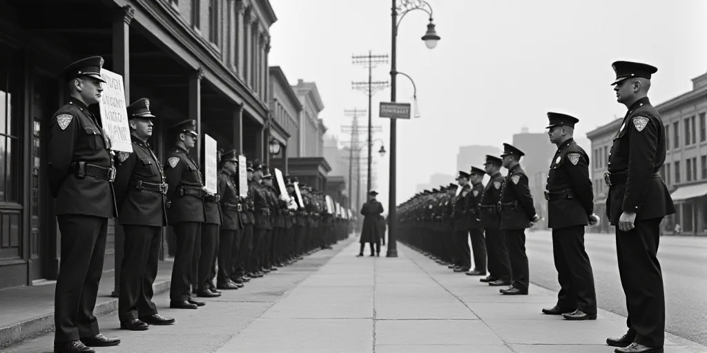 a group of protesters holding signs and standing in front of a line of police officers holding signs
