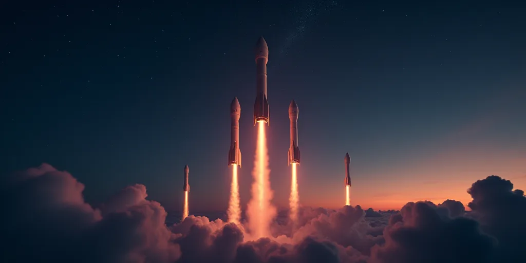 a group of rockets flying through the night sky with a few clouds in the background and a few stars