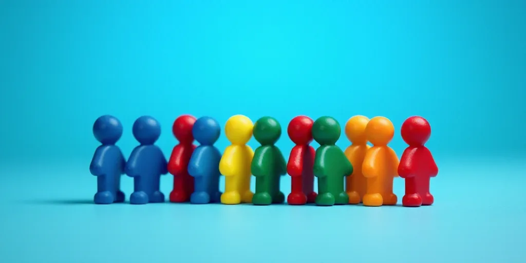 a group of small colorful people standing in a row on a blue background with a blue background behin