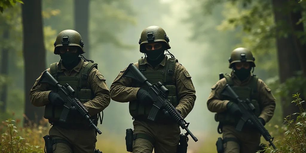 a group of soldiers are walking through the woods together with their weapons in hand and wearing ca