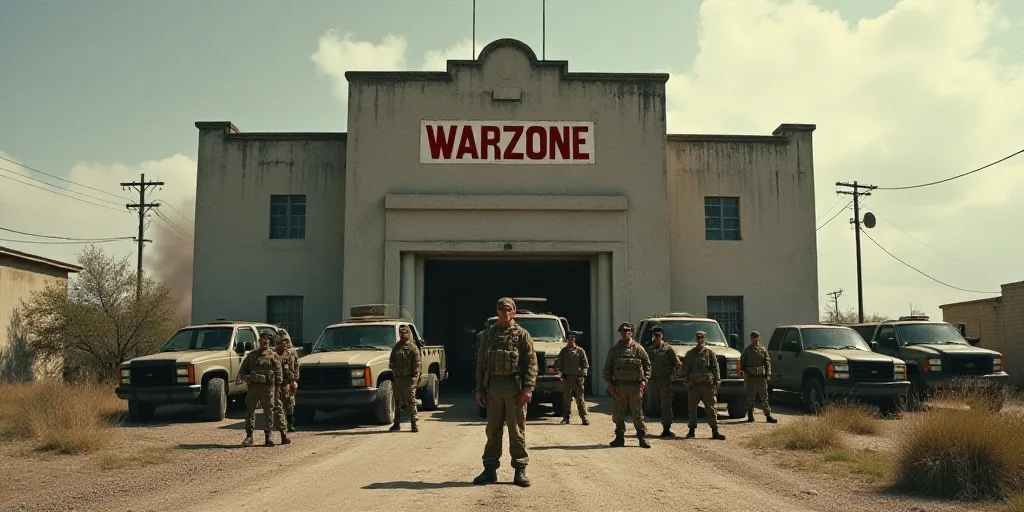 a group of soldiers standing in front of a building with a bunch of trucks in front of them and a bu