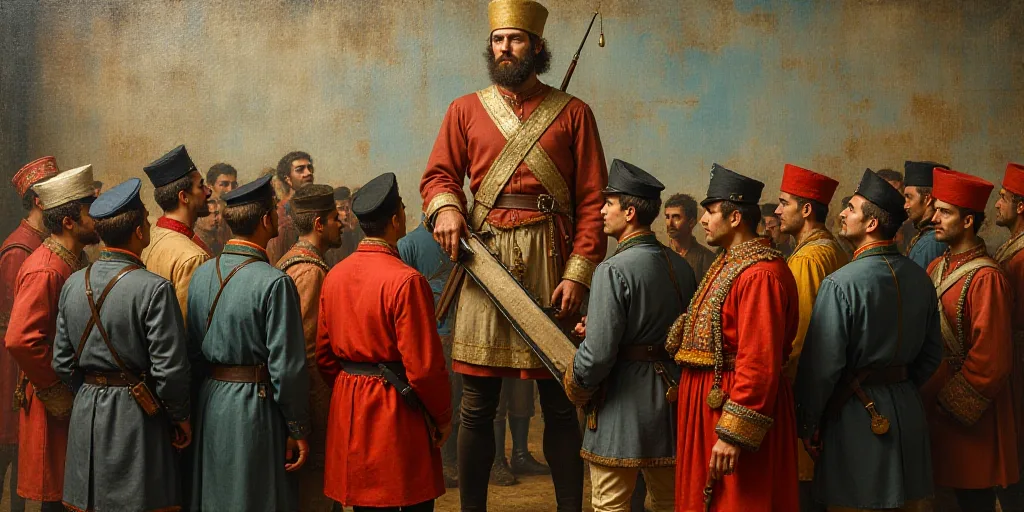 a group of soldiers standing next to each other in front of a mural of a man with a gun, Altichiero,