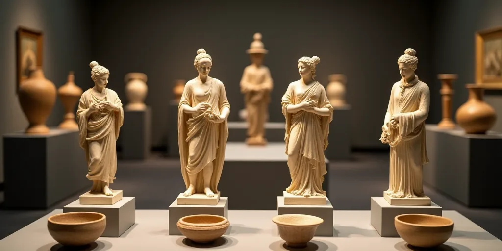 a group of statues sitting on top of a table next to vases and pots on display in a museum, Art & La
