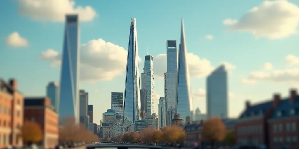 a group of tall buildings with a sky background and a few clouds in the sky above them, with a few b