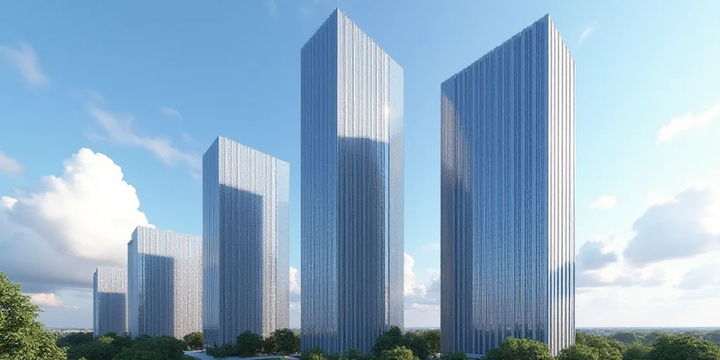 a group of tall buildings with a sky background and clouds in the background, with a blue sky and so
