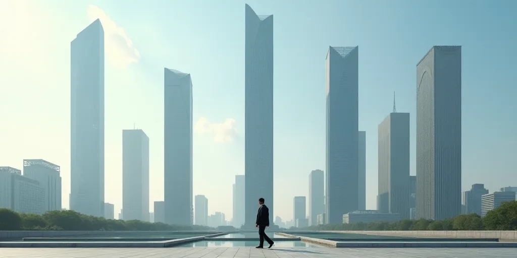 a group of tall buildings with a sky background and a person walking in the foreground of the photo,