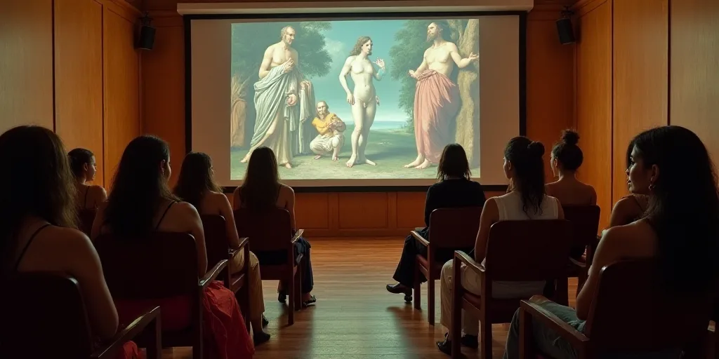 a group of women sitting on chairs in front of a projector screen in a room with a wooden panel, Ara