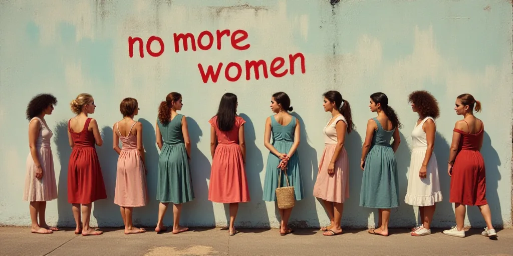 a group of women standing next to each other near a wall with a sign on it that says no more women,