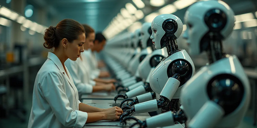 a group of women working on a machine in a factory or assembly line with a man in the background, Á