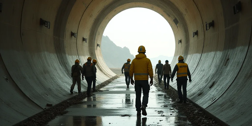 a group of workers walking through a tunnel with a large circular object in the background of the ph