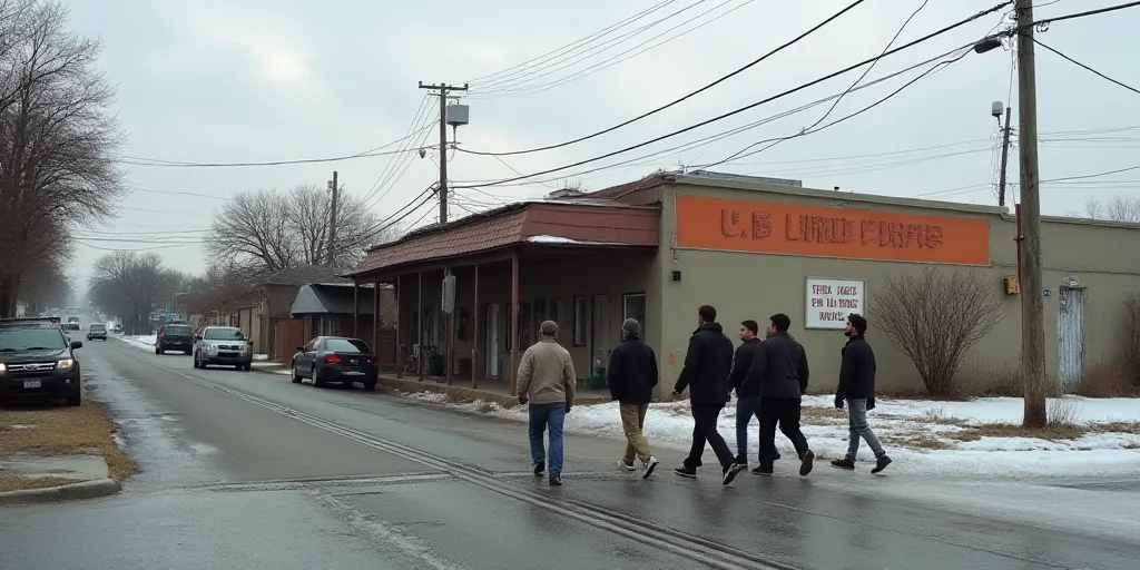 a group of young men walking down a street next to a building with a sign on it that says u s border