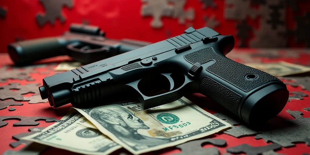 a gun and a gun on a table with money and a gun in the background with a red and black collage, Andr