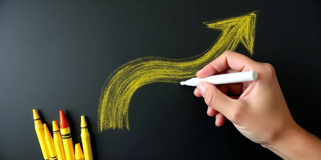 a hand drawing a yellow arrow on a blackboard with yellow crayons and a marker on it, Andries Stock,