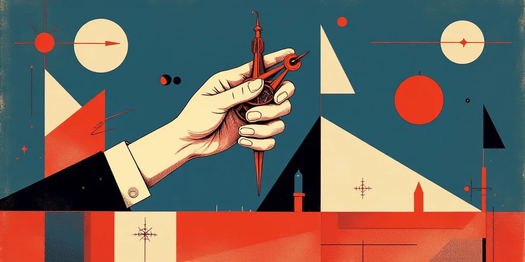 a hand holding a compass and a watch on a blue background with red and white triangles and arrows ar