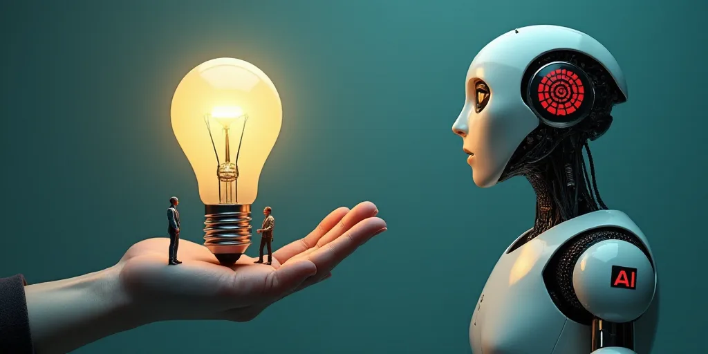 a hand holding a light bulb with people on it and a machine with a light bulb above it that says ai,