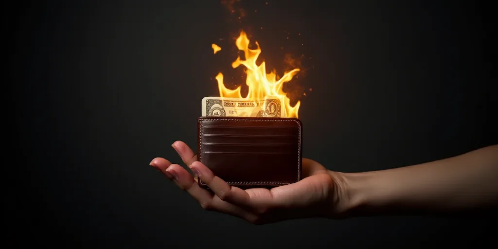 a hand holding a wallet with money on fire in it and a black background with a gray background and a