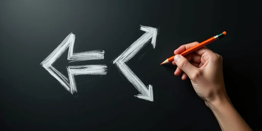 a hand is drawing arrows on a blackboard with white paint and a pencil on it with a marker, Dennis A