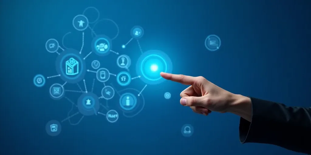 a hand pointing at a blue wall with a bunch of icons on it and a finger pointing at it, Andries Stoc