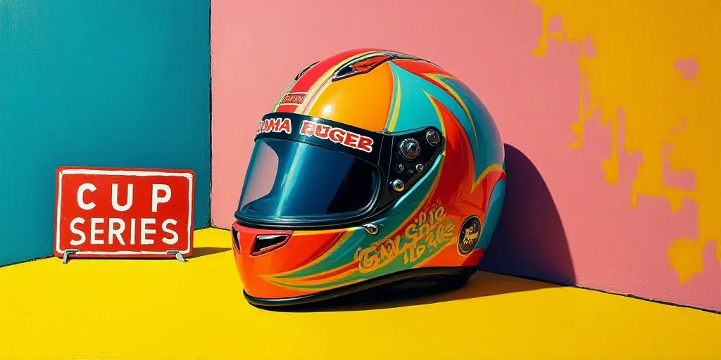 a helmet is sitting on a yellow surface near a sign that says cup series on it and a colorful backgr