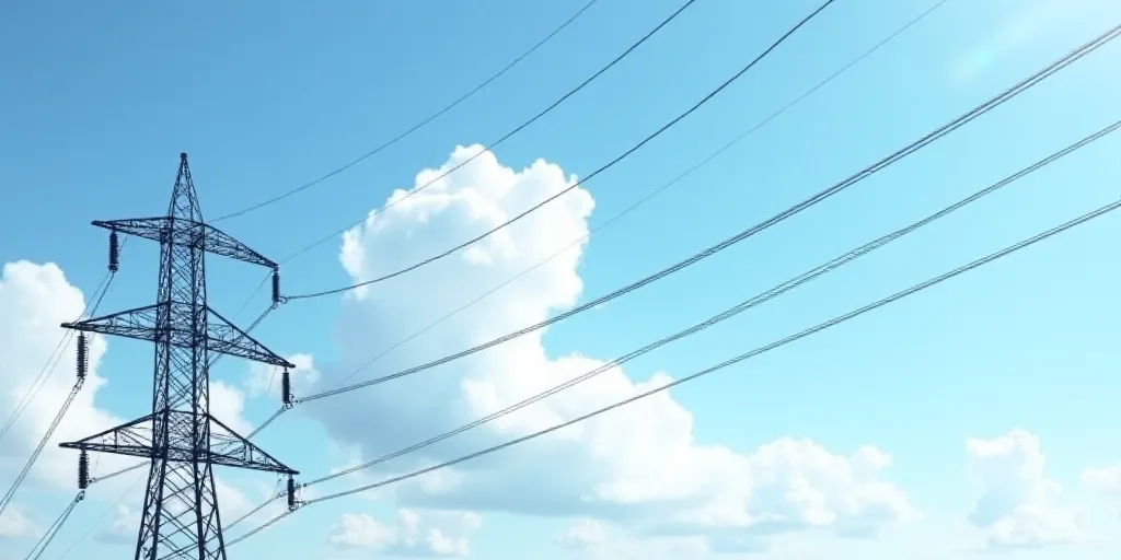 a high voltage power line with a sky background and clouds in the background, with a blue sky and so