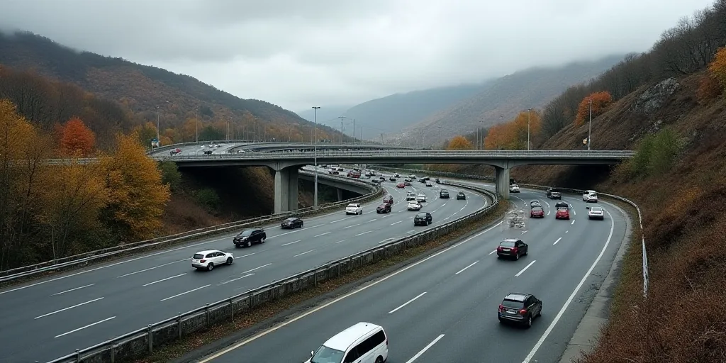 a highway with a bunch of cars on it and a bridge over it with a highway going over it, Aquirax Uno,