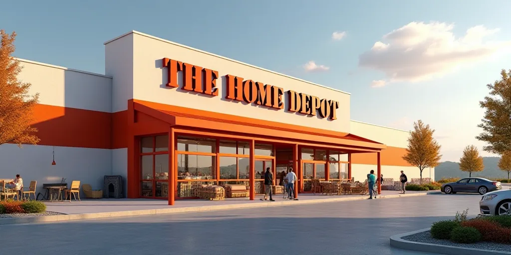 a home depot store with a lot of furniture outside of it and a few people walking outside the store,