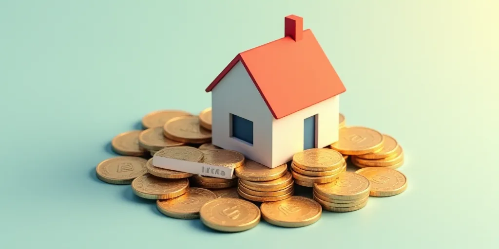 a house and a pile of coins with the words infonavit on it and a house model, Edi Rama, isometric vi