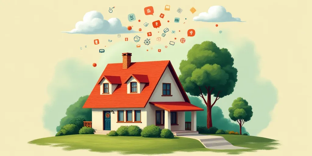 a house with a lot of icons above it and a tree in the background with a few clouds above it, Arling
