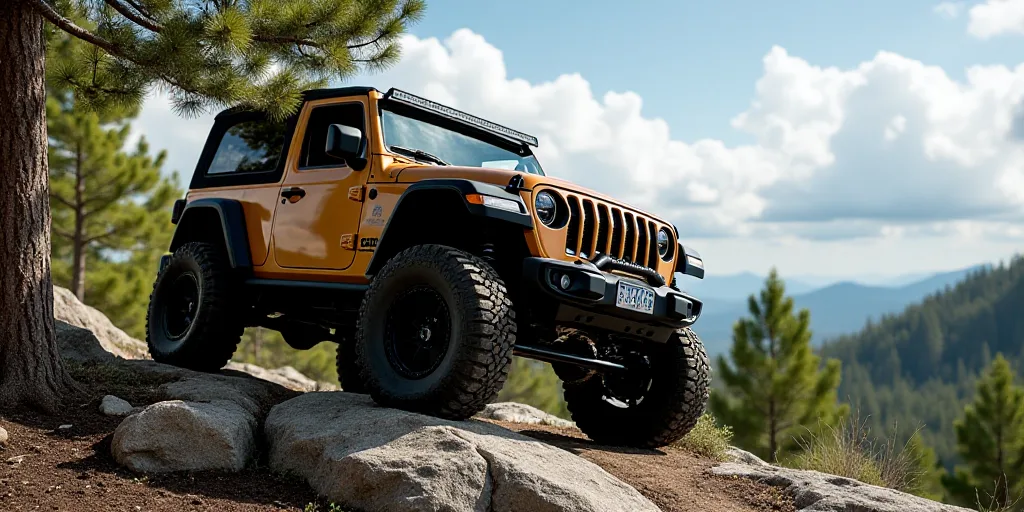 a jeep driving on a rock in the woods with trees in the background and a sky background with clouds,