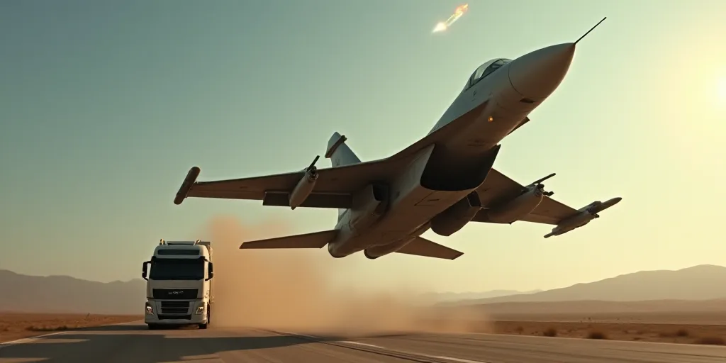 a jet is flying in the sky with a missile in the background and a truck behind it with a truck behin