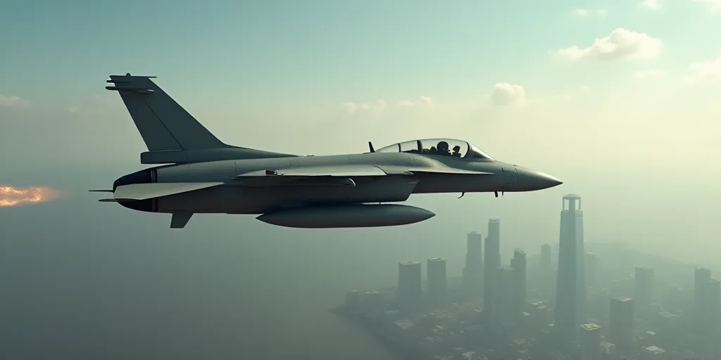 a jet is flying through the air with a missile in it's mouth and a building in the background, Dahlo
