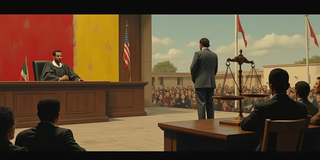 a judge and a judge's scale in a courtroom with a crowd of people in the background and a building w