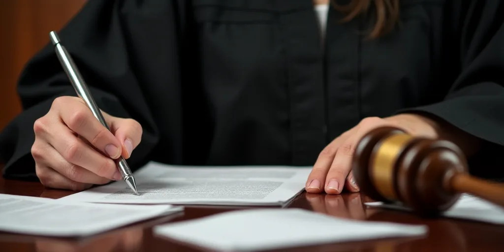 a judge holding a pen and paper while sitting at a desk with a gaven on it and papers, Brenda Chambe