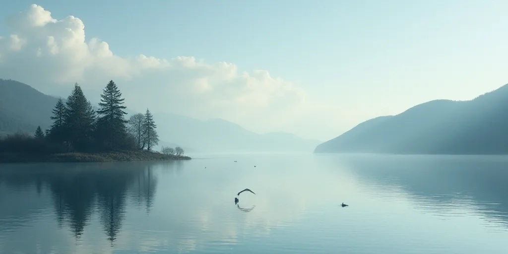 a lake with a few trees and a sky with clouds above it and a few birds in the water, Enguerrand Quar