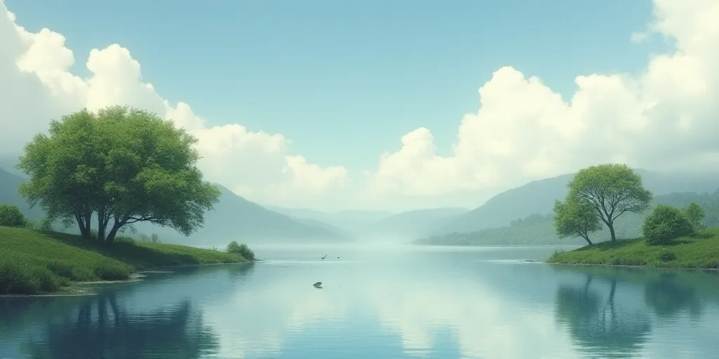 a lake with a few trees and a sky with clouds above it and a few birds in the water, Enguerrand Quar