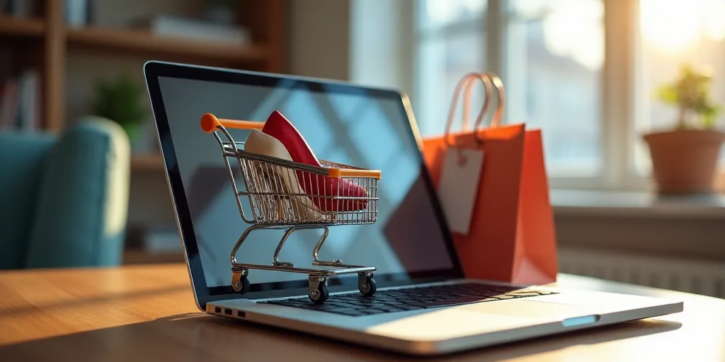 a laptop computer with a shopping cart and shoes on it next to a shopping cart and a shopping bag, A