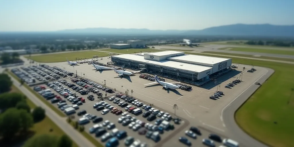a large airport with a lot of cars parked in front of it and a building with a sign that says oma, A