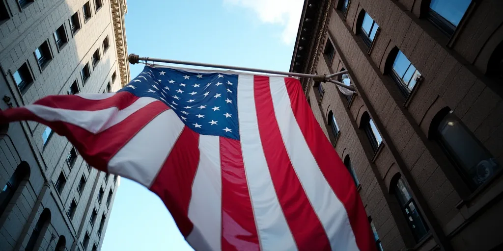 a large american flag is hanging from a building in new york city, usa, on a flagpole, Andries Stock