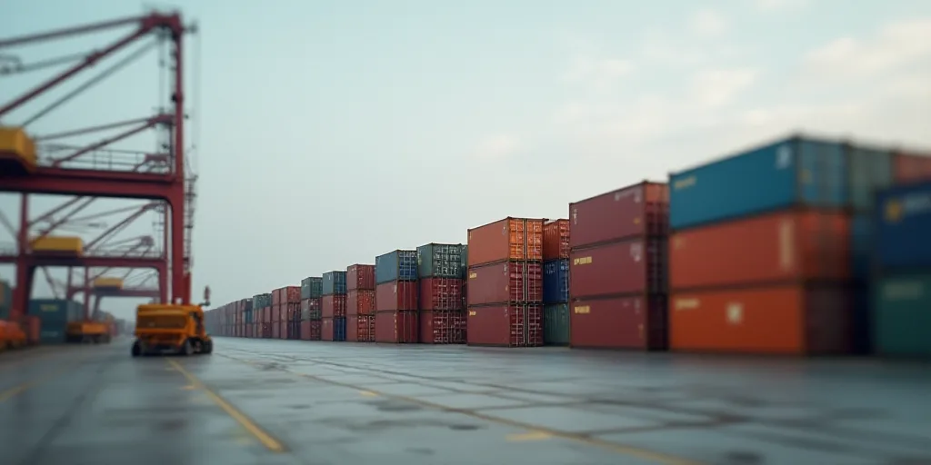 a large amount of containers are stacked up in a large warehouse area with a crane in the background