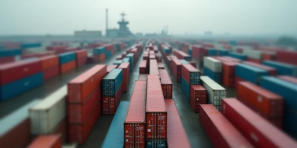 a large amount of containers are stacked up in a large container yard with a large industrial area i