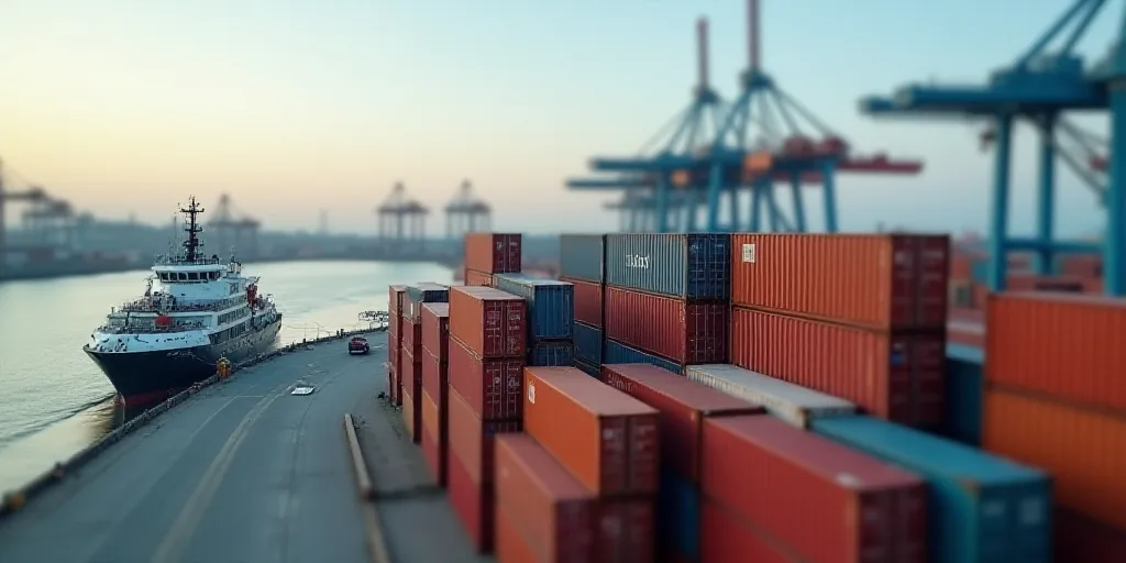 a large amount of containers are stacked up in a harbor area with cranes in the background and a boa