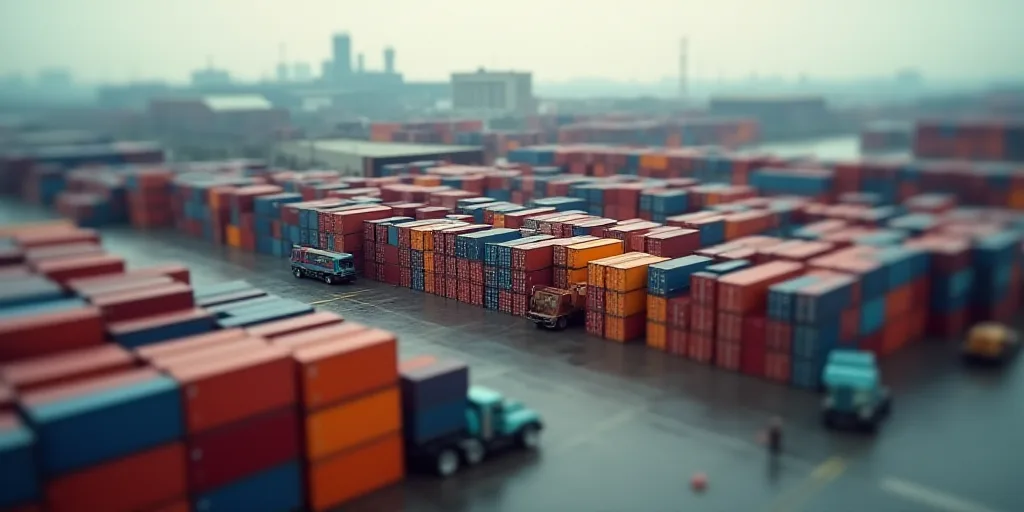 a large amount of containers are stacked up in a large container yard with a large industrial area i
