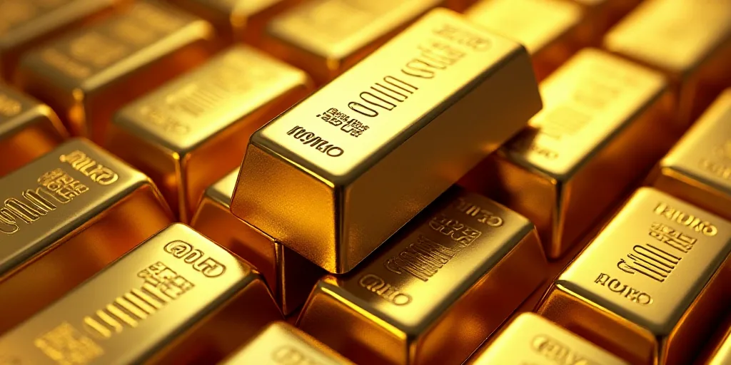 a large amount of gold bars are stacked together in rows and stacked on top of each other, with the