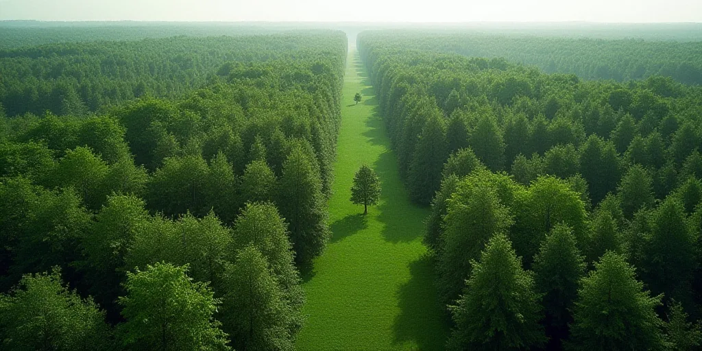 a large area of trees that are very tall and green in the middle of the day, with a few trees in the