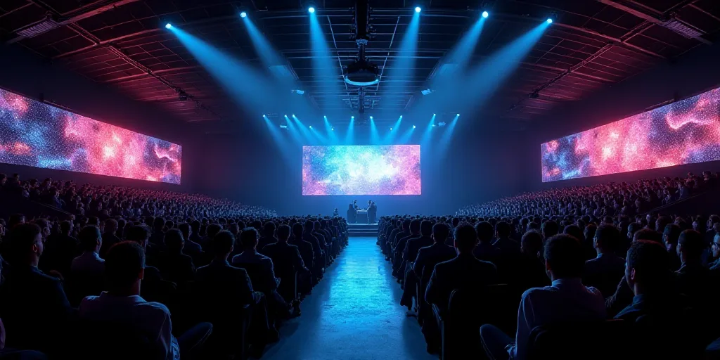a large auditorium filled with people watching a presentation on a screen and a projector screen in